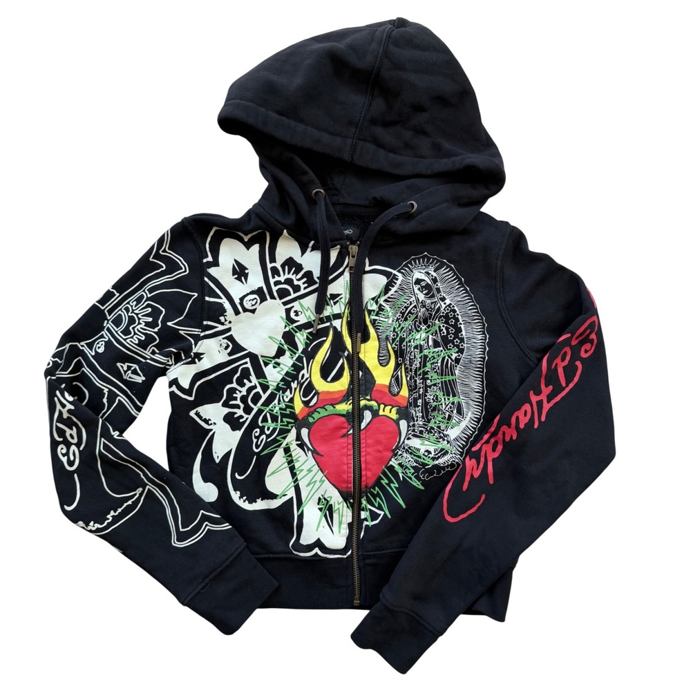 Ed Hardy Sacred Heart Virgin Mary Black Cropped Zip Hoodie Women's Small